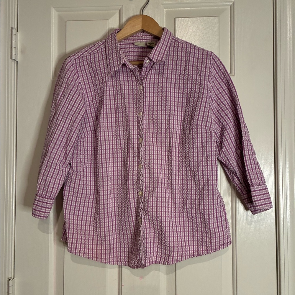 L.L. Bean Women's Purple Checkered Button Down Shirt - Picture 1 of 8